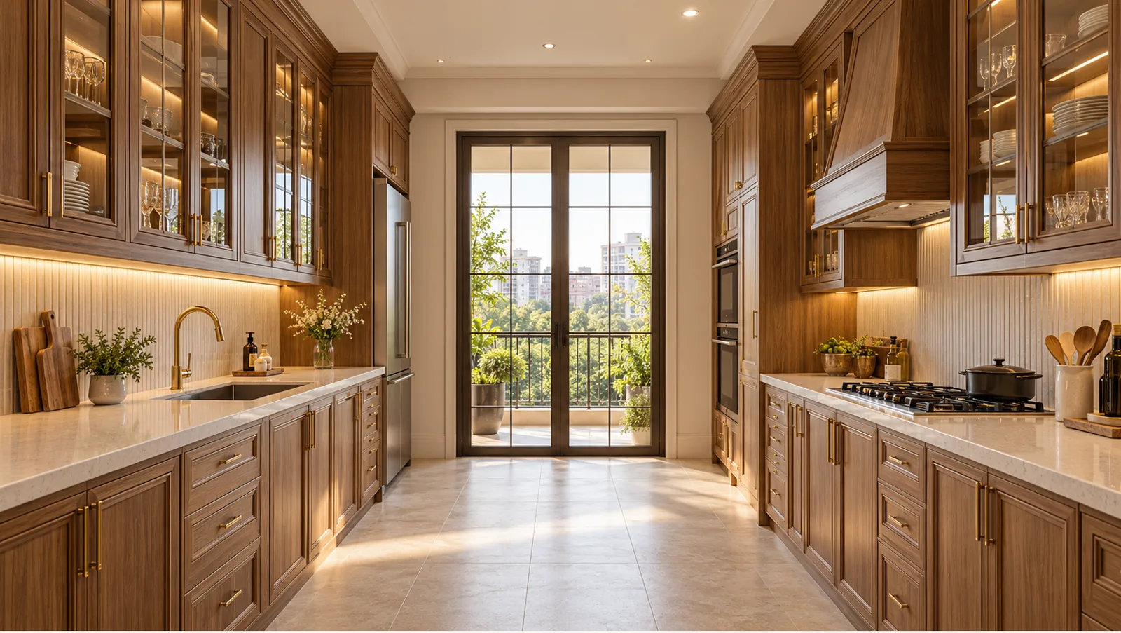 Concept render of teak Parallel Kitchen Design with Classic Framed Storage
