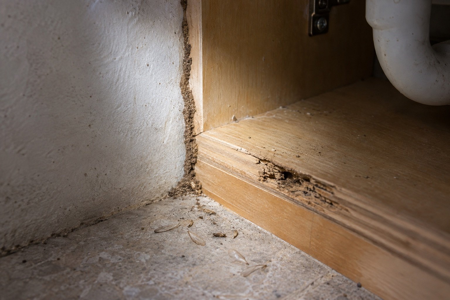 Termites in plywood kitchen cabinets near the sink-base wall in Hyderabad