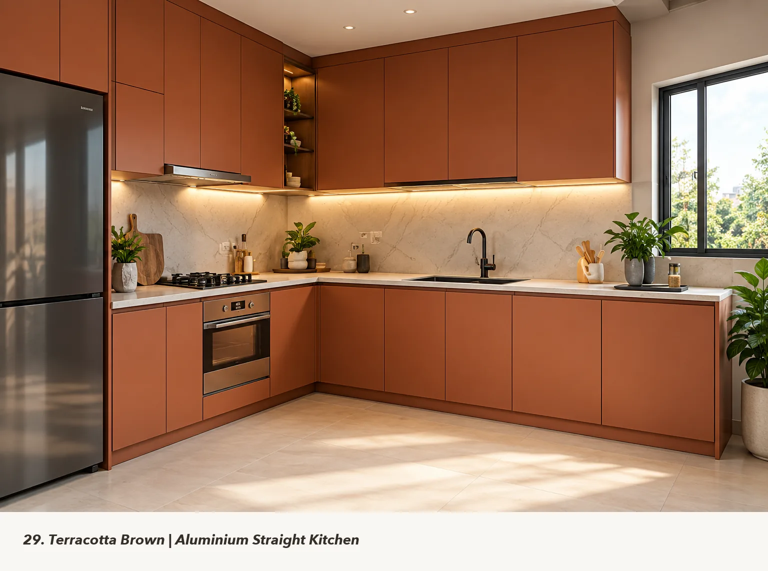 Concept render of terracotta Brown L-Shaped Kitchen Design with Window-Side Sink