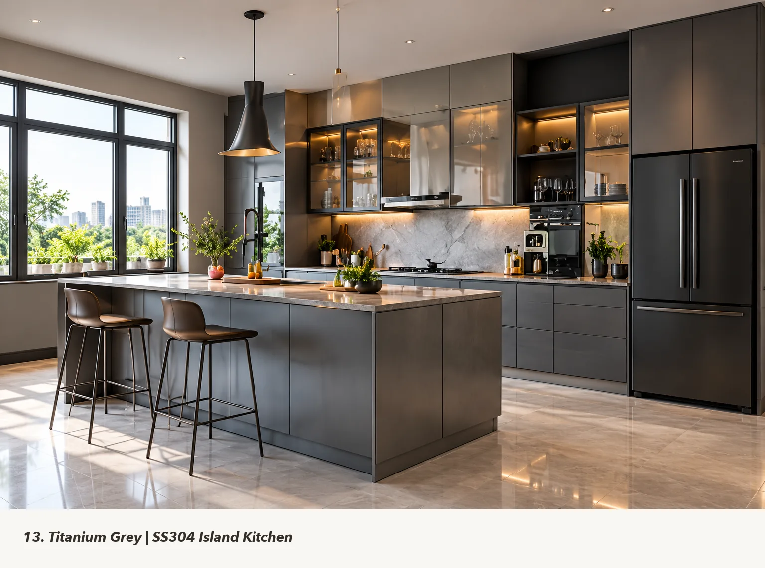 Concept render of titanium Grey Island Kitchen Design with Glass Display Cabinets