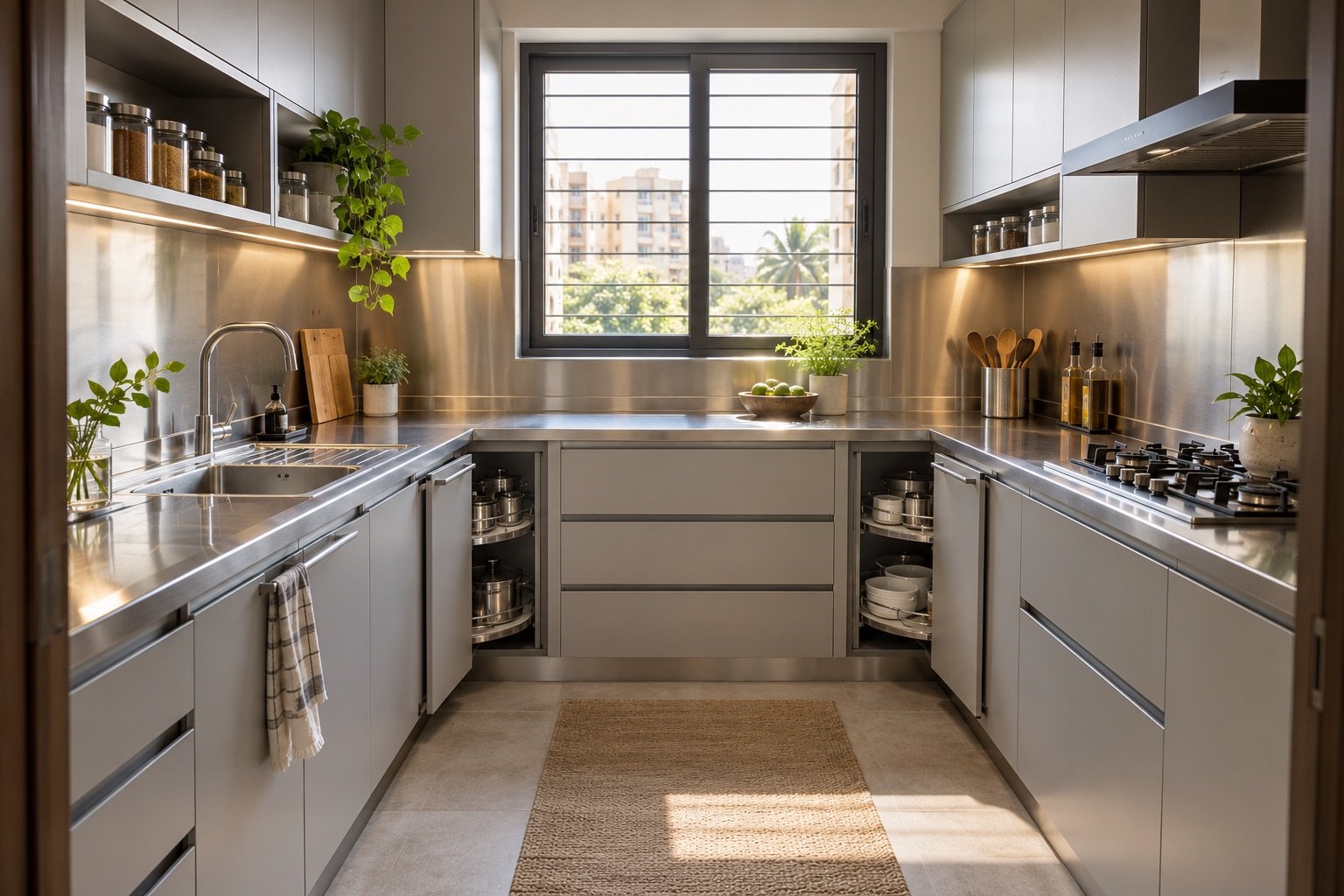 Concept of a U-shaped SS304 kitchen with grey cabinetry and separate utility areas