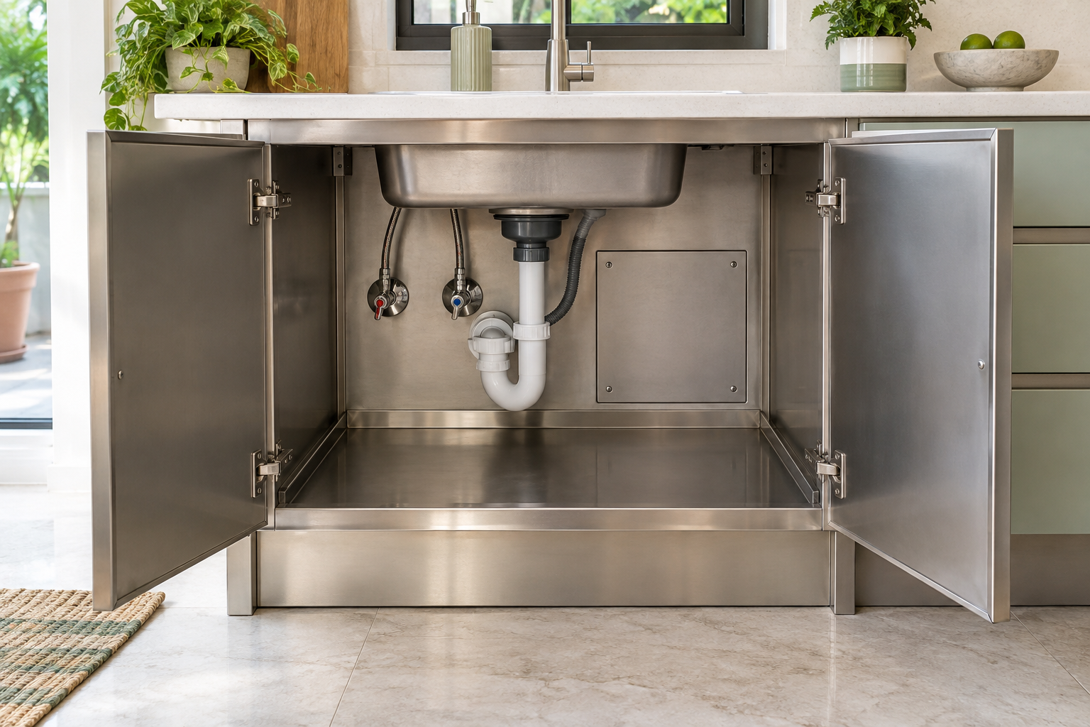 Water-resistant SS304 under-sink cabinet with accessible plumbing and removable service panel in Hyderabad