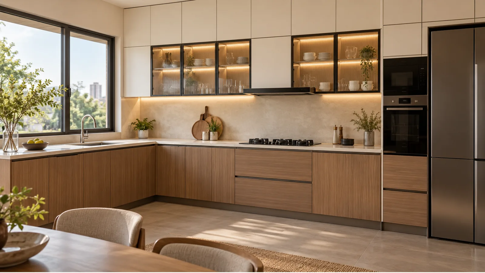 Concept render of urban Teak and Off-White L-Shaped Kitchen Design