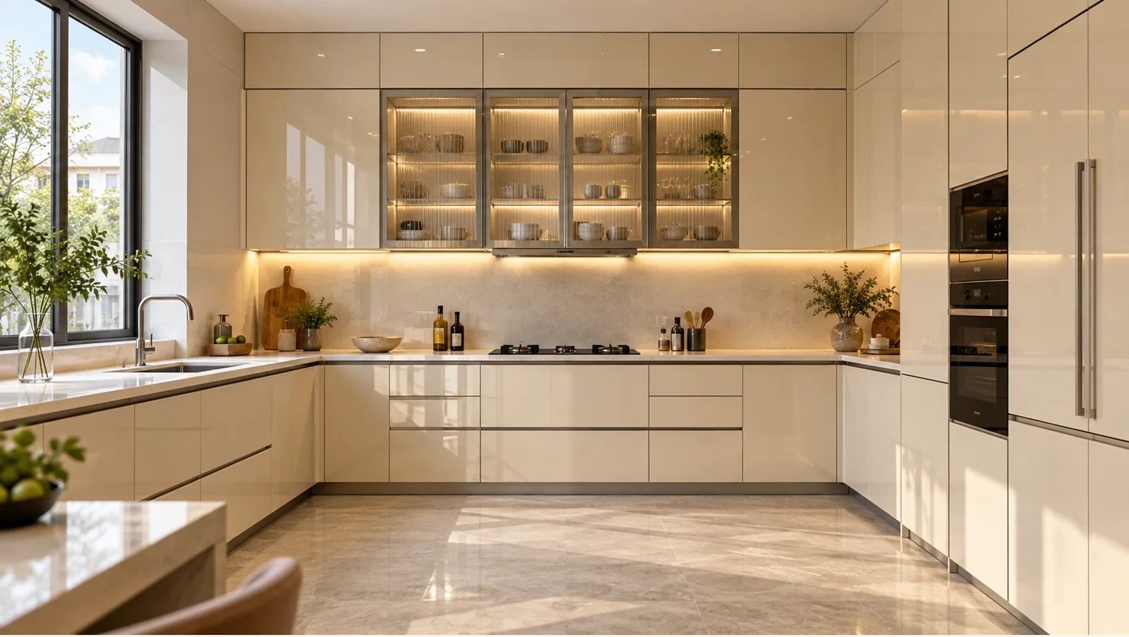 Concept render of vanilla White L-Shaped Kitchen Design with Glossy Cabinets