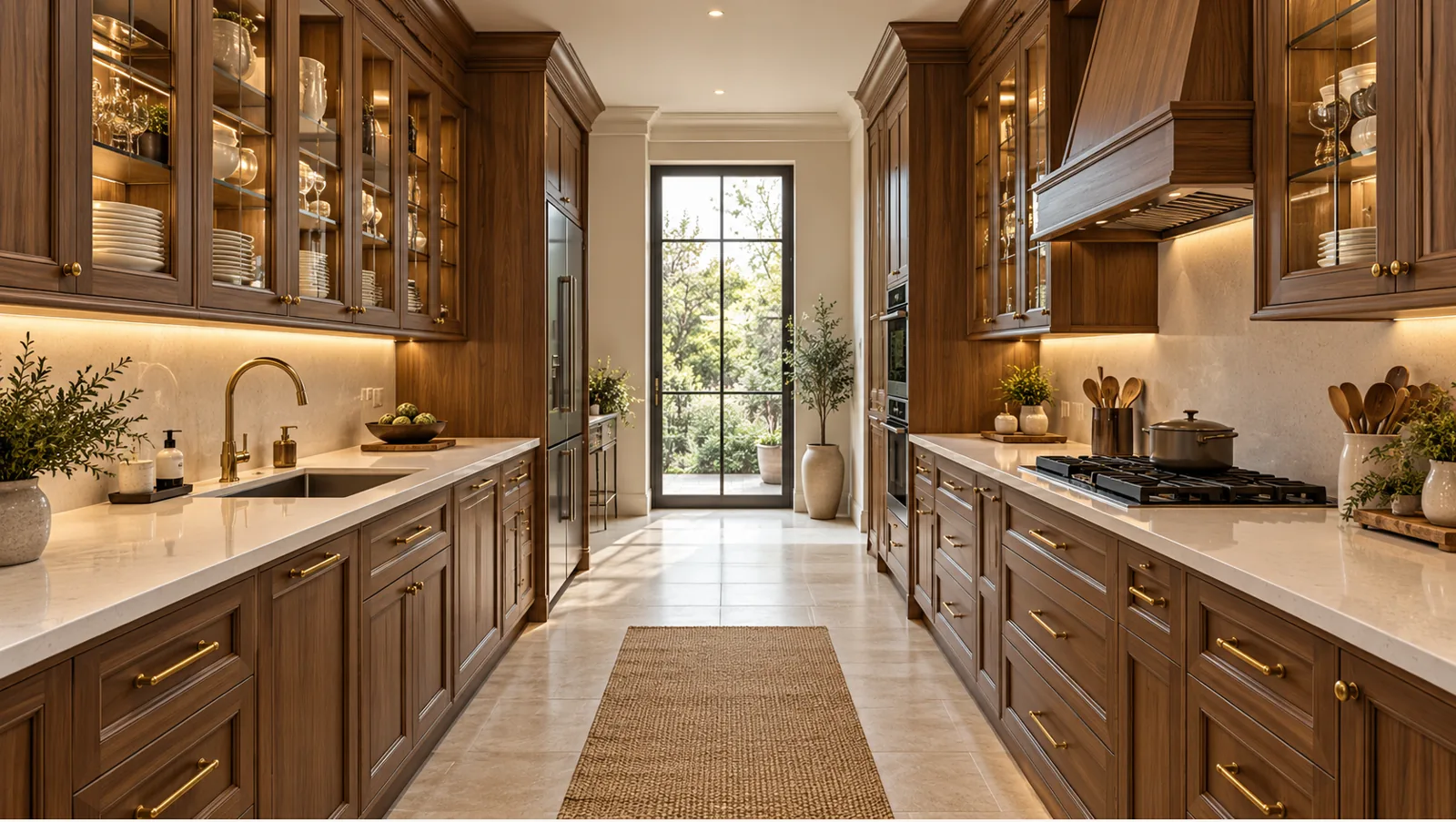 Concept render of walnut Parallel Kitchen Design with Full-Height Glass Overheads