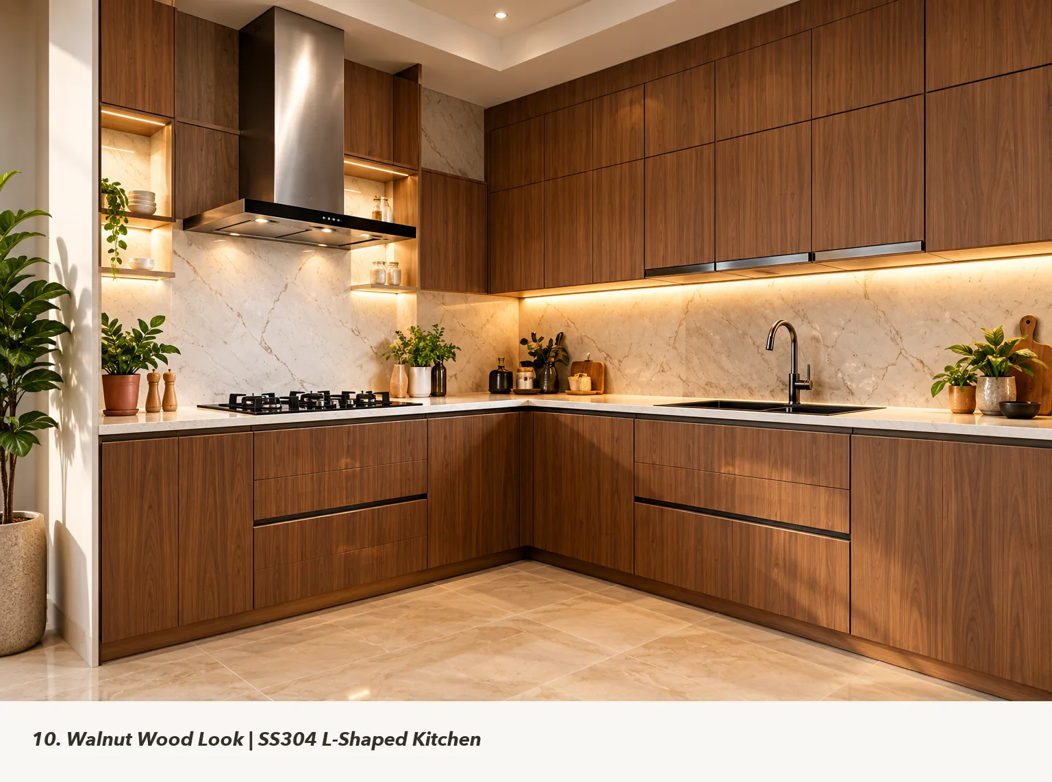 Concept render of walnut Wood-Look L-Shaped Kitchen Design with Warm Backsplash