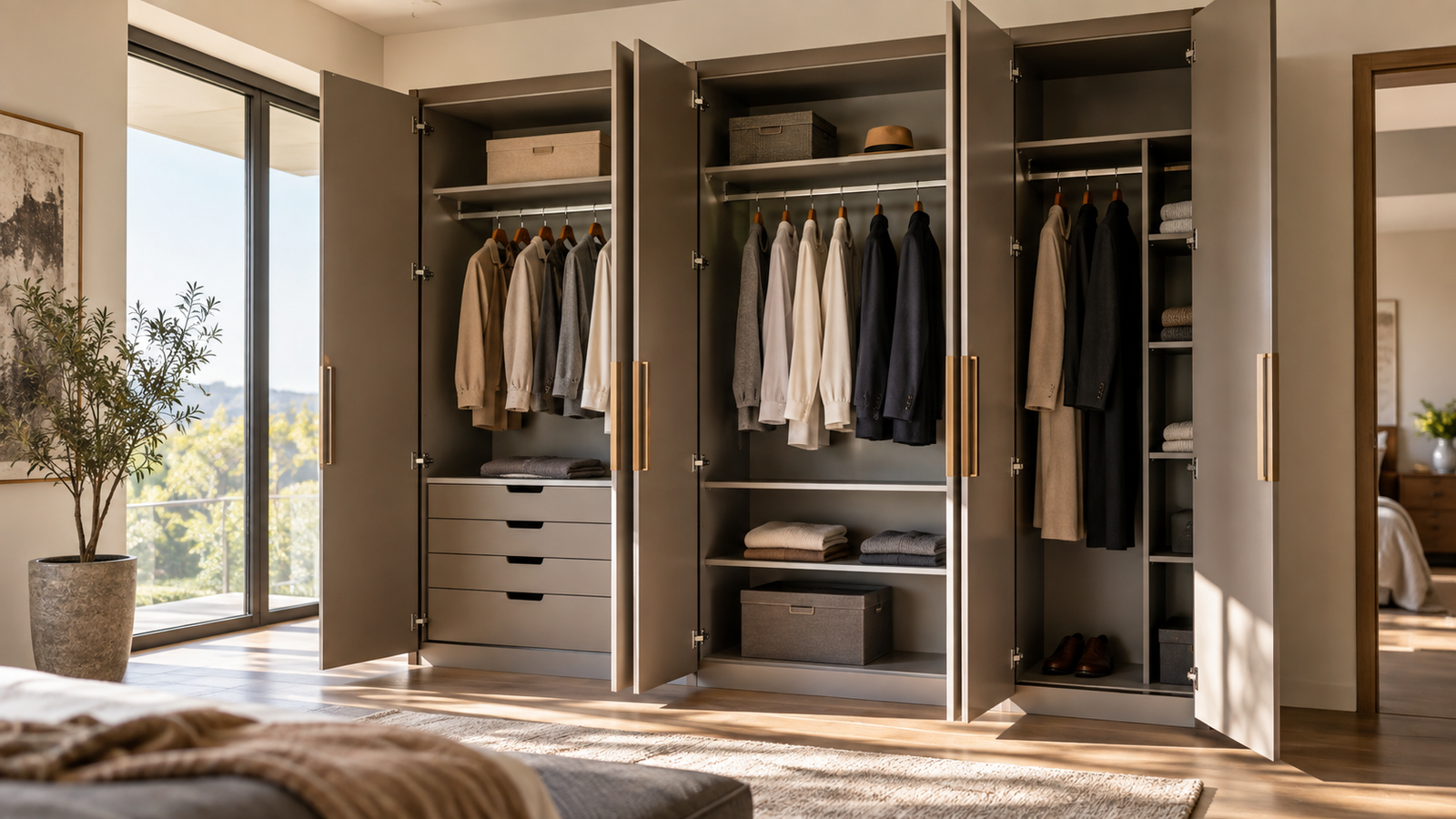 Open custom wardrobe showing hanging depth, shelves, module width and door clearance