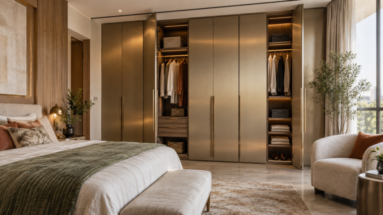 Full-height metal wardrobe showing hanging and shelf sections in a bedroom