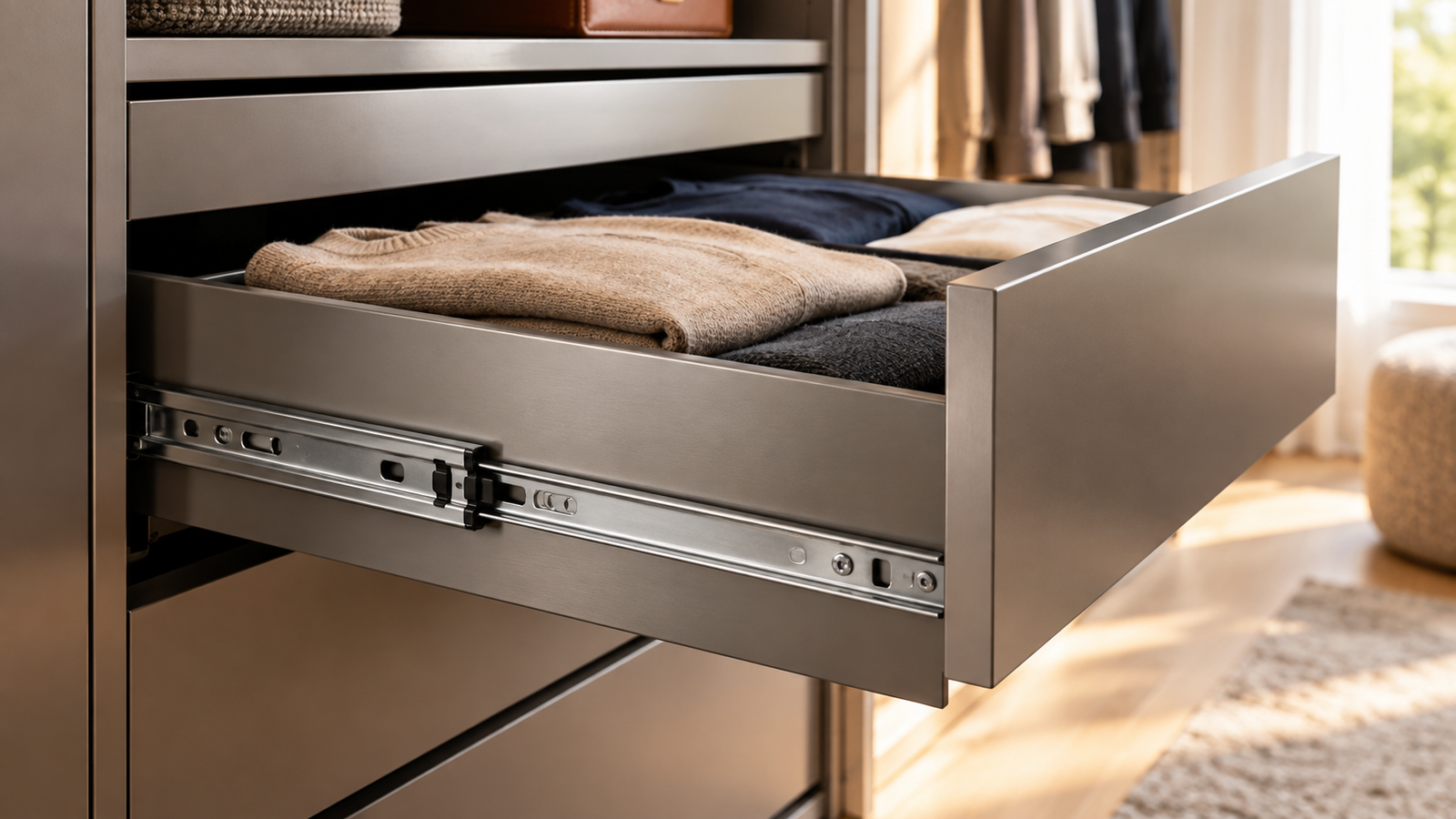 Full-extension drawer channel in a custom metal wardrobe