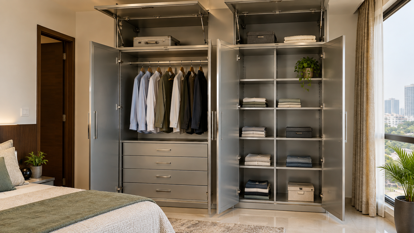 Open metal wardrobe with hanging rods drawers shelves and lift-up fittings