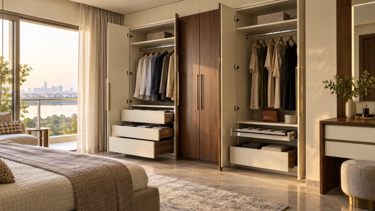 Wardrobe hardware fittings in a custom metal wardrobe with hinges drawers rods and handles