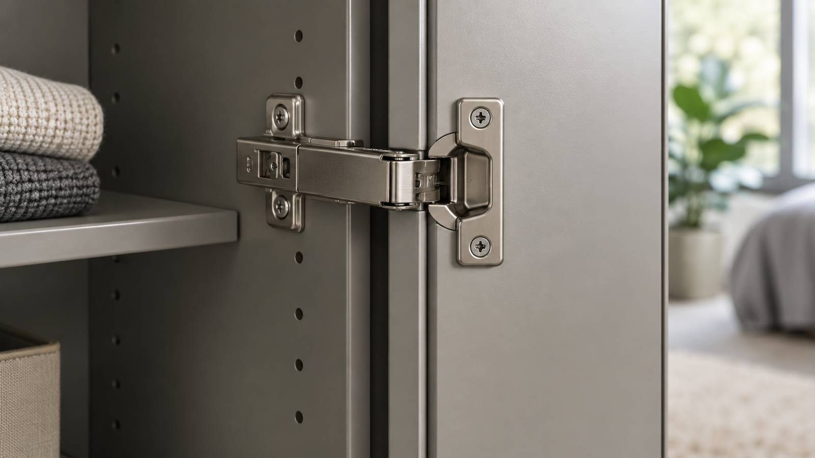 Wardrobe hardware fittings shown in a close-up of a metal cabinet door hinge