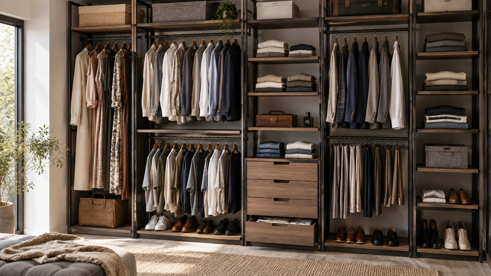 Custom wardrobe internal layout showing hanging, shelves, drawers and storage zones
