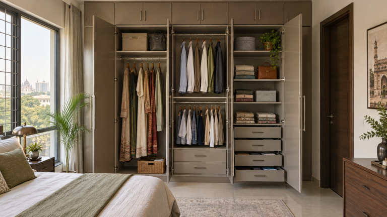 Custom metal wardrobe with long hanging, double hanging, shelves and drawers in a Hyderabad bedroom