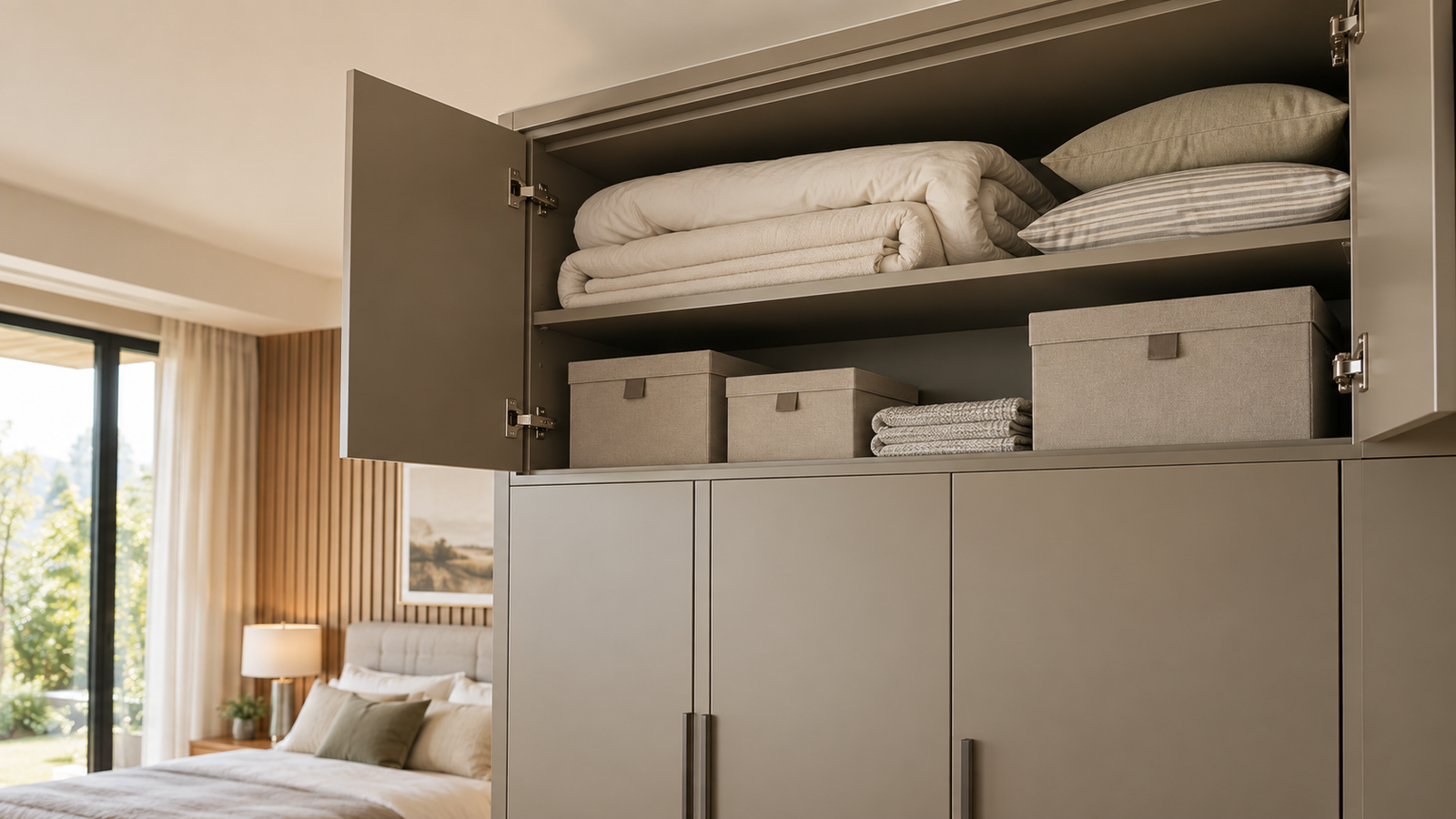 Open upper loft cabinets showing bedding storage, hinges and shelf support