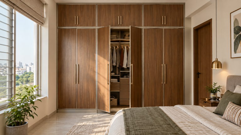 Full-height wardrobe with integrated loft cabinets in a warm Hyderabad bedroom