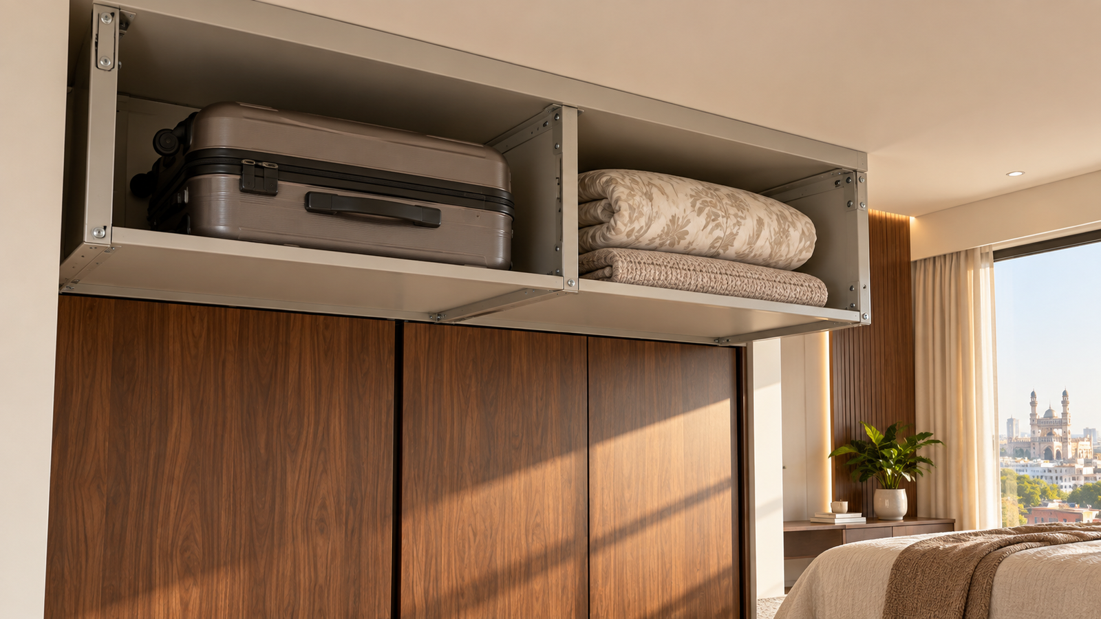 Supported metal wardrobe loft shelf with suitcase and folded bedding