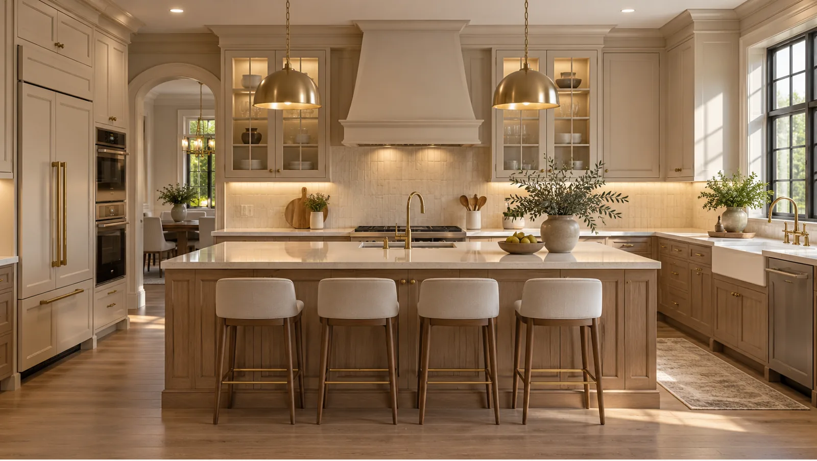 Concept render of warm Maple Island Kitchen Design with Cream Display Cabinets
