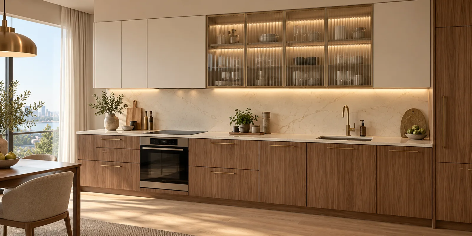 Kitchen designs concept render showing warm teak base cabinets, white overheads and glass display shutters