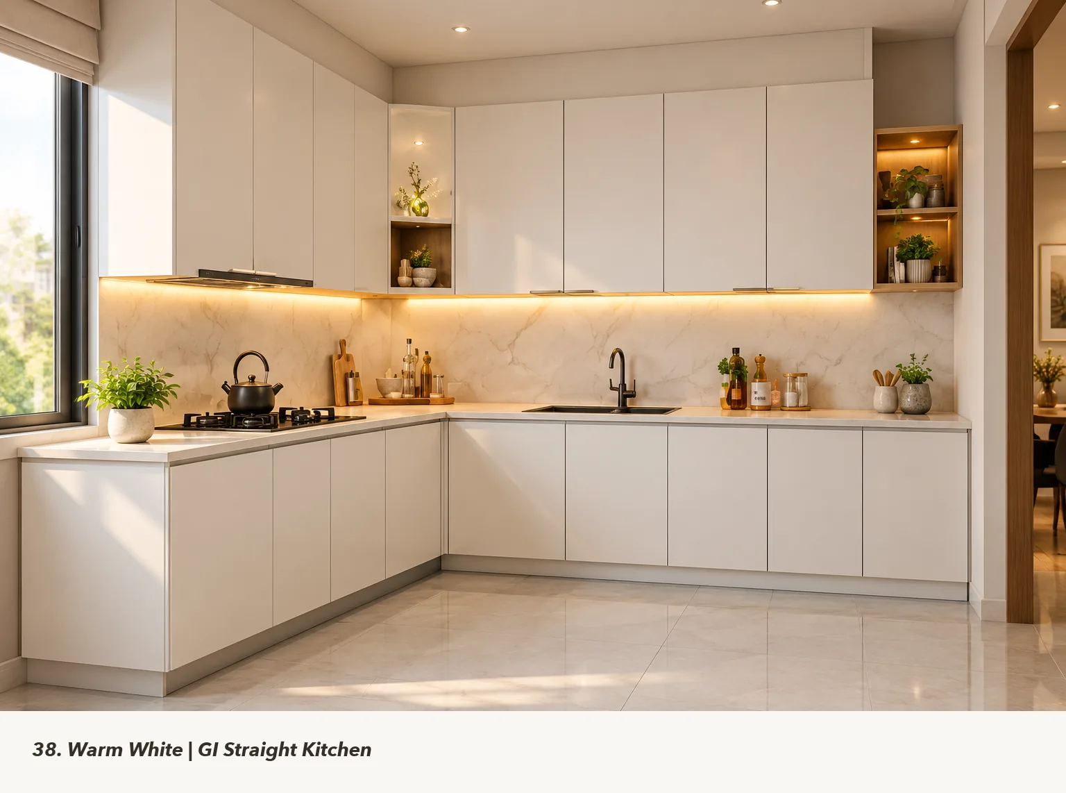 Concept render of warm White L-Shaped Kitchen Design with Open Display Niche