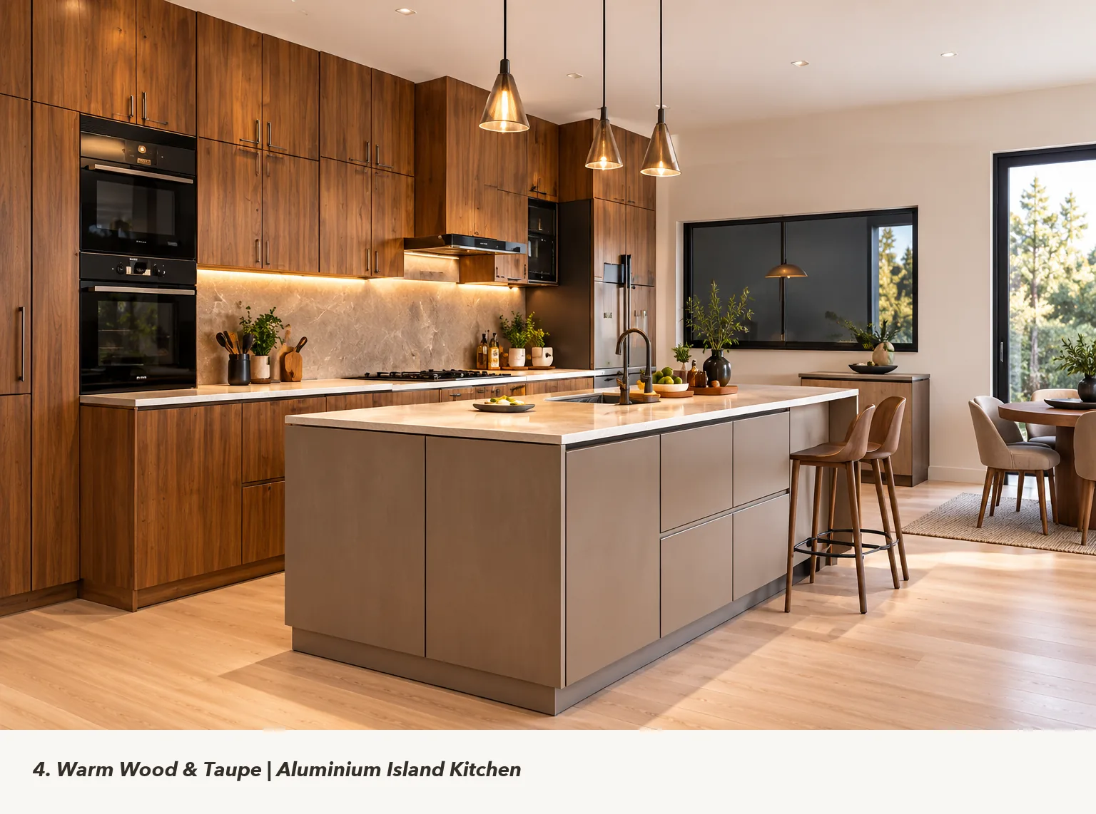Concept render of warm Wood and Taupe Island Kitchen Design with Dining Extension