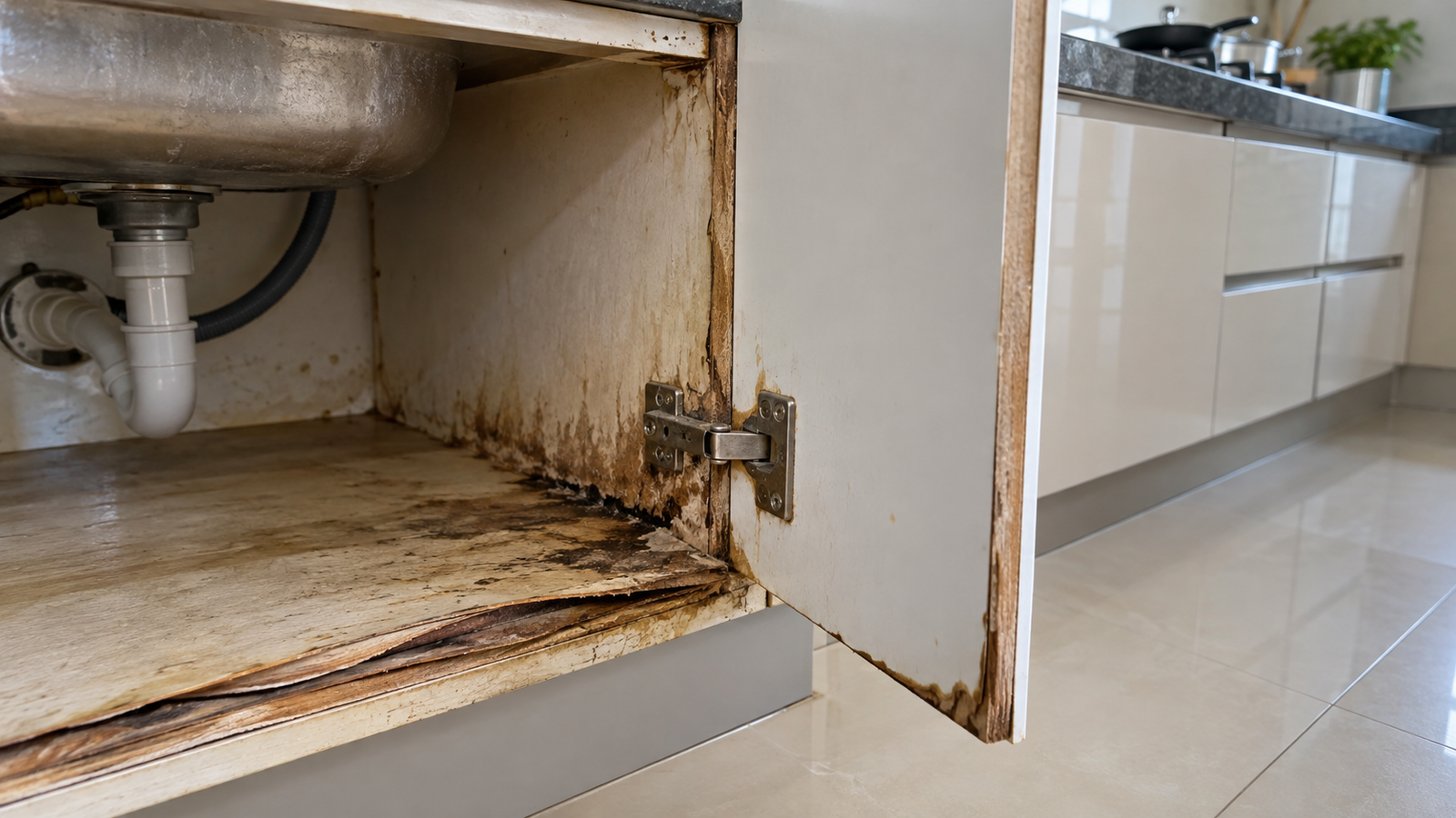 Water damaged plywood kitchen cabinet with swollen laminate edge below a sink
