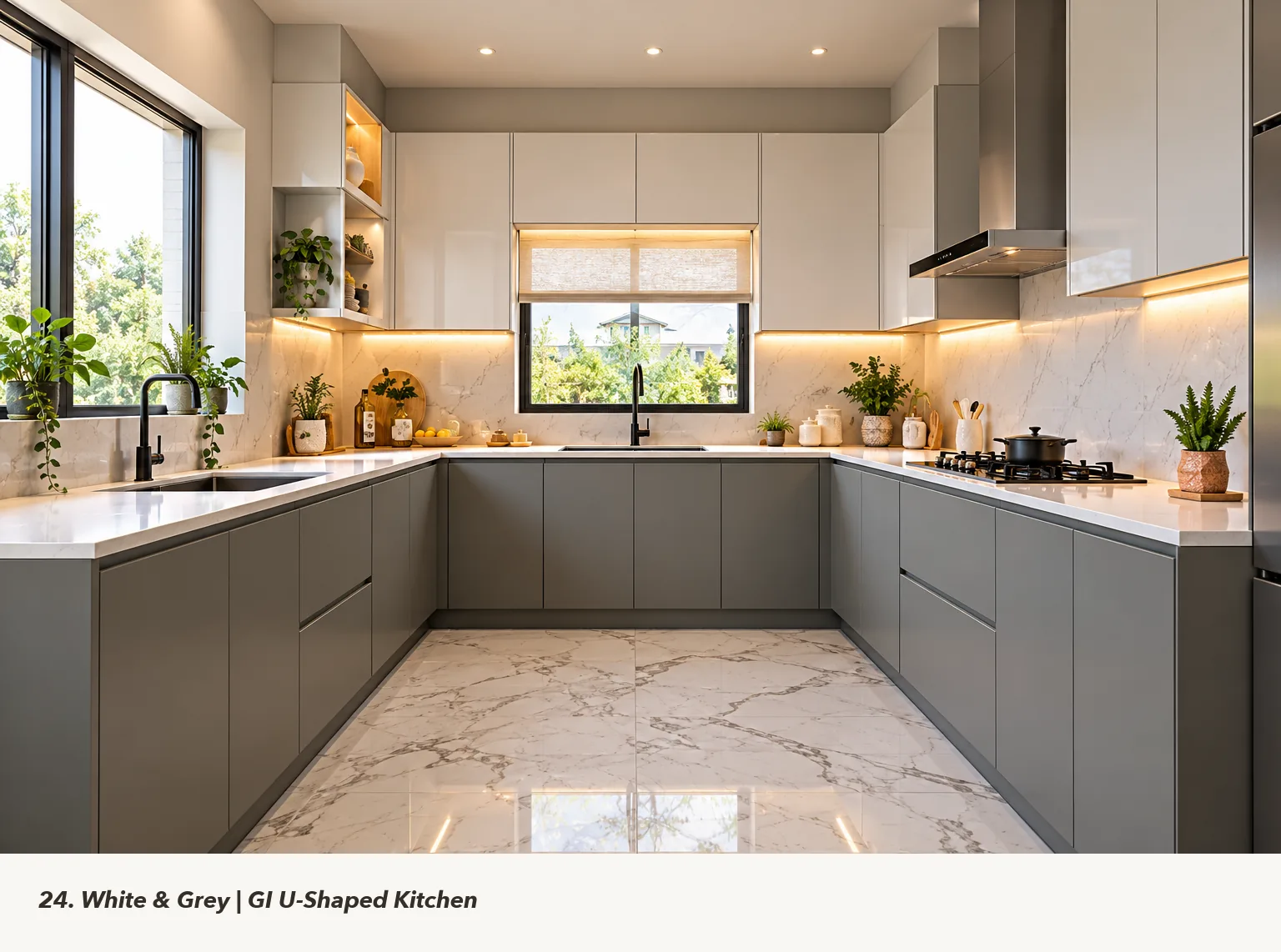 Concept render of white and Grey U-Shaped Kitchen Design with Window-Side Sink