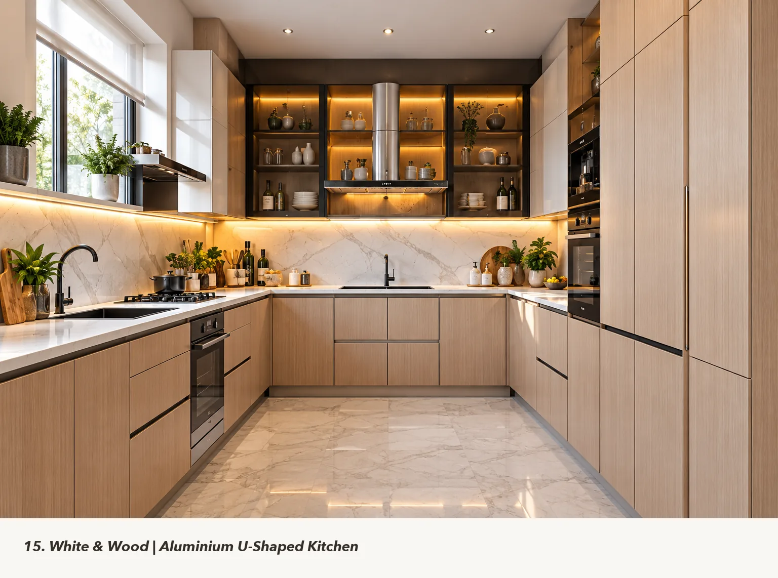 Concept render of white and Wood U-Shaped Kitchen Design with Glass Overheads