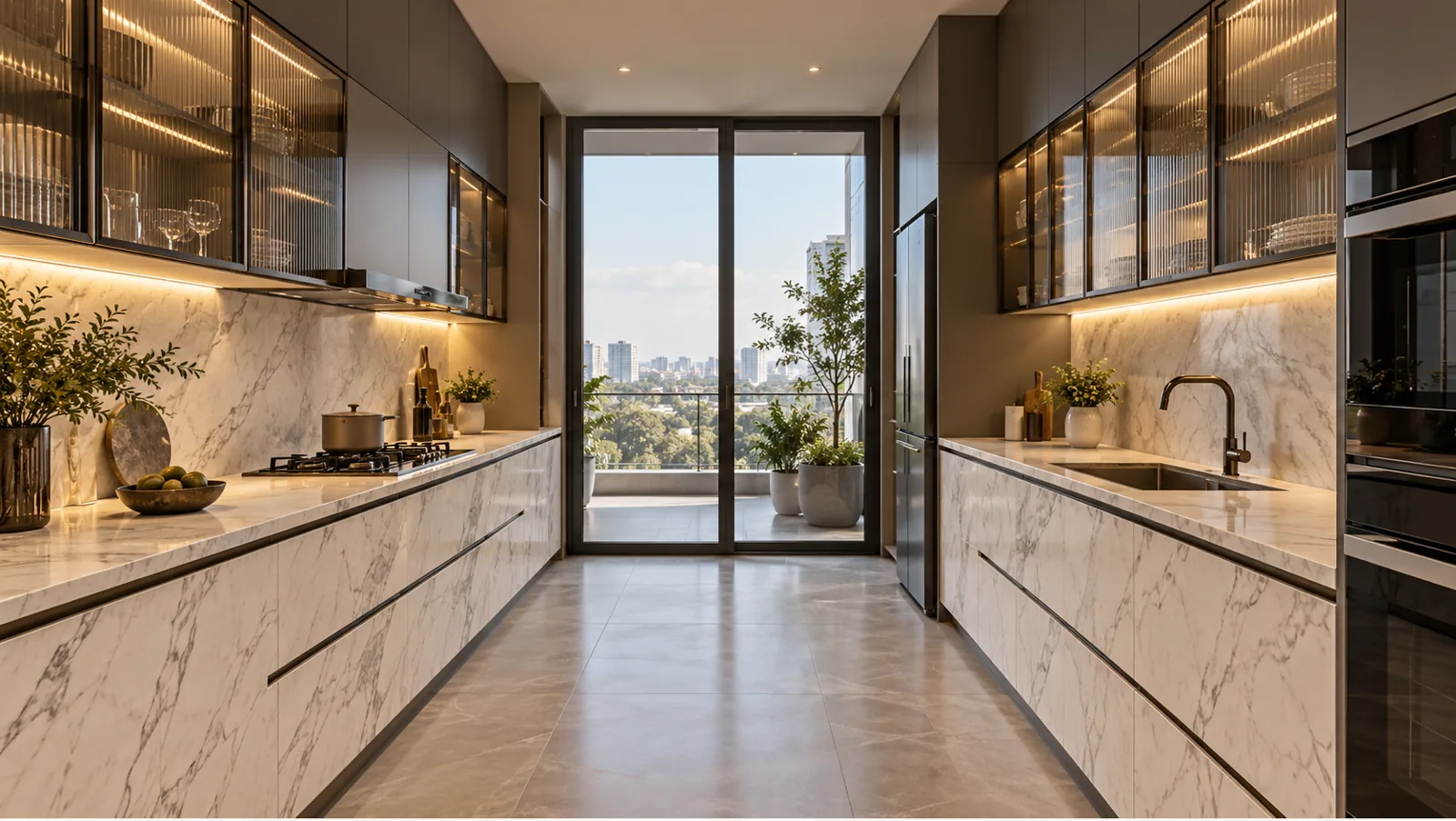 Concept render of white Marble-Look Parallel Kitchen Design with Gunmetal Cabinets