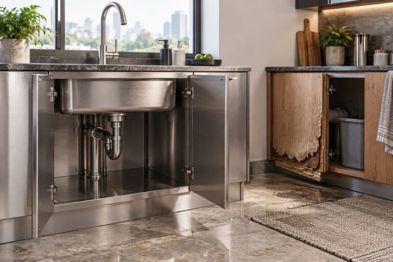 Why plywood kitchen cabinets swell beside a stainless steel sink-base cabinet