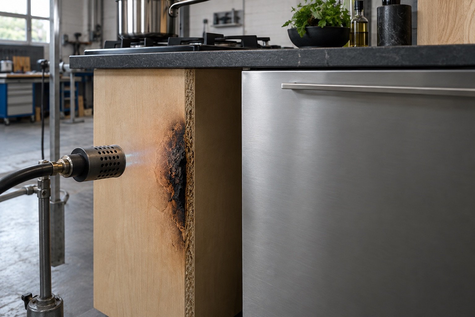 Heat-exposed wood-based cabinet panel beside an intact stainless steel kitchen cabinet