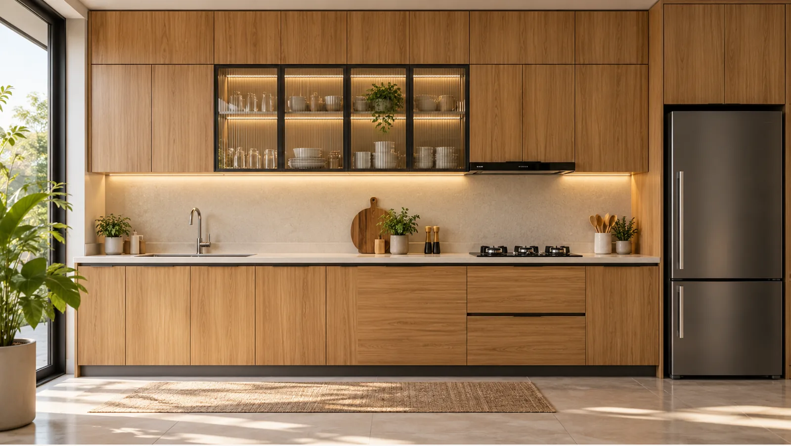 Concept render of yellow Teak Straight Kitchen Design with Glass Display Cabinets