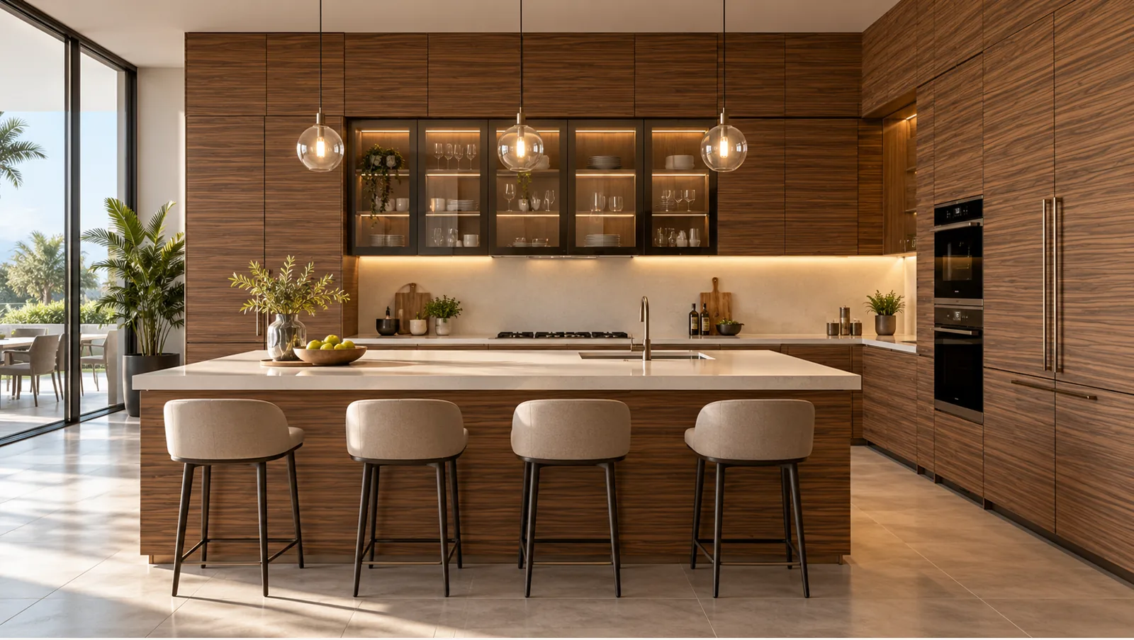 Concept render of zebra Wood-Look Island Kitchen Design with Glass Display Wall