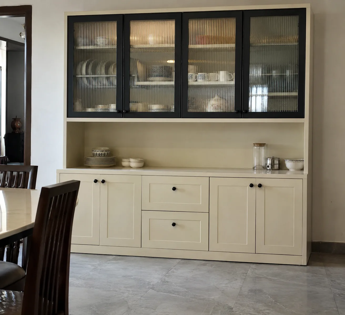ivory classic crockery design with fluted glass shutters