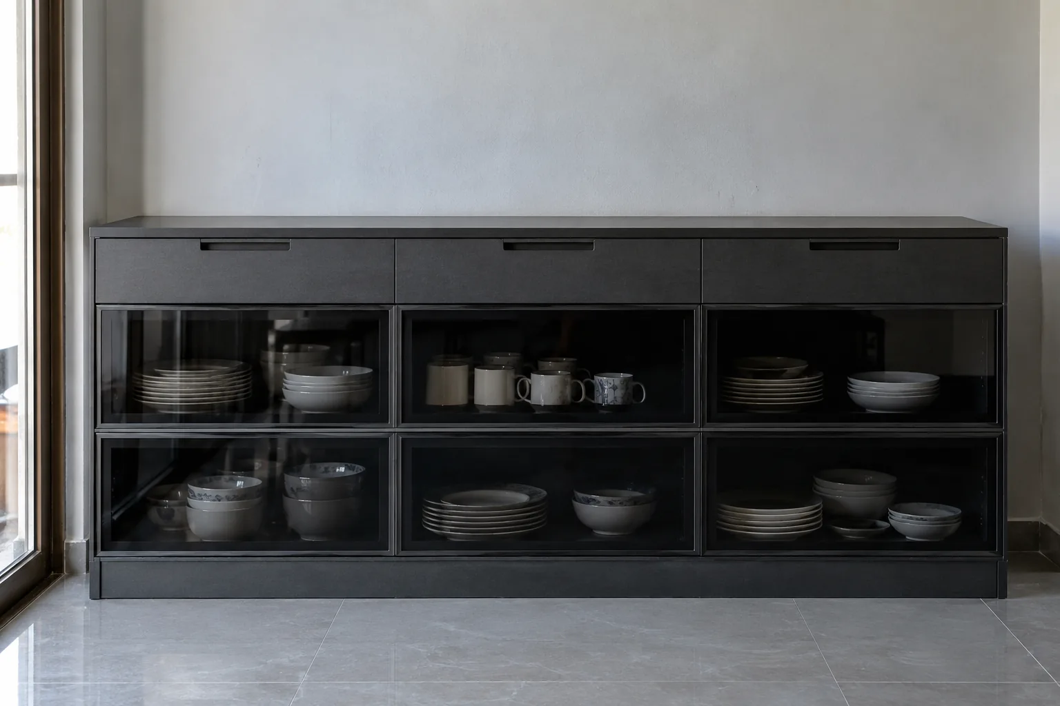 charcoal glass crockery design with black tinted glass shutters