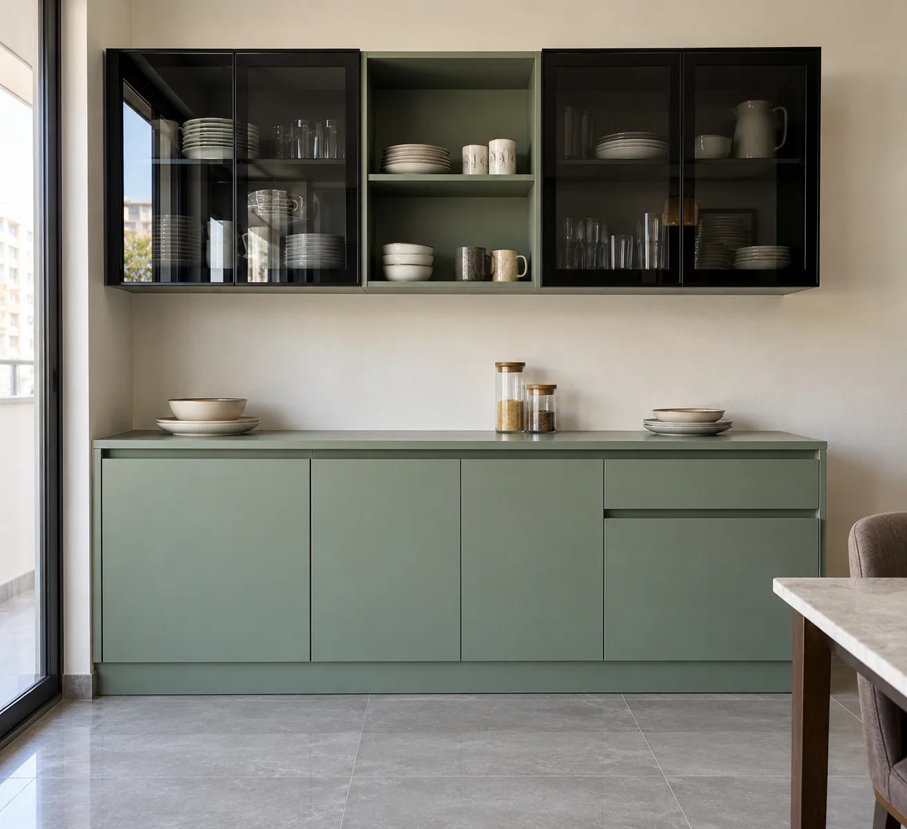 sage grounded crockery design with black tinted glass shutters