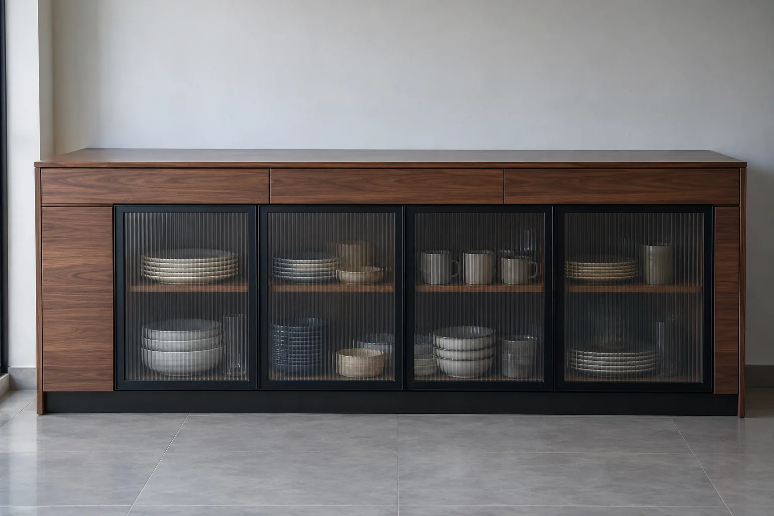 walnut fluted crockery design with fluted glass shutters