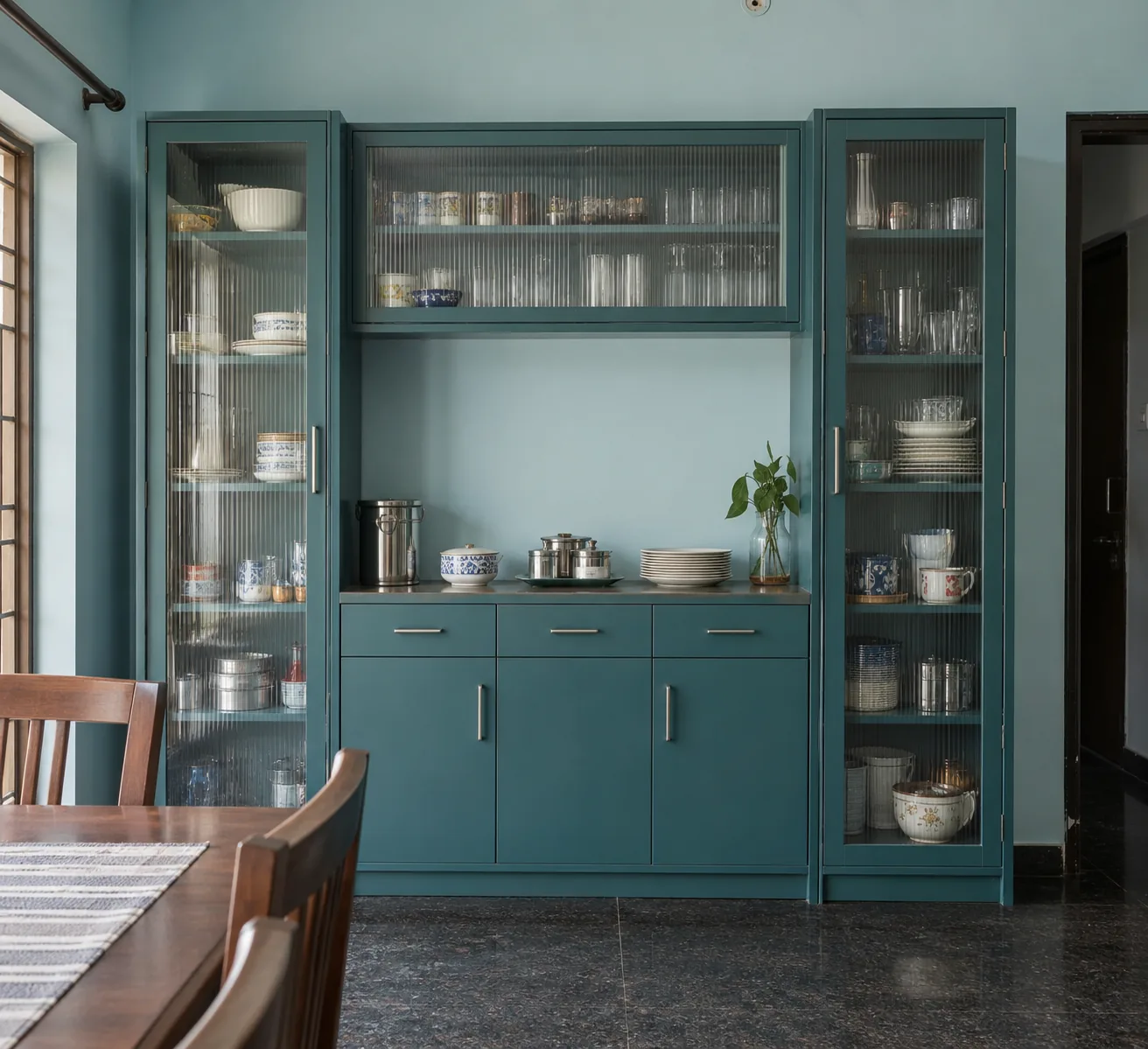 teal bridge crockery design with fluted glass shutters