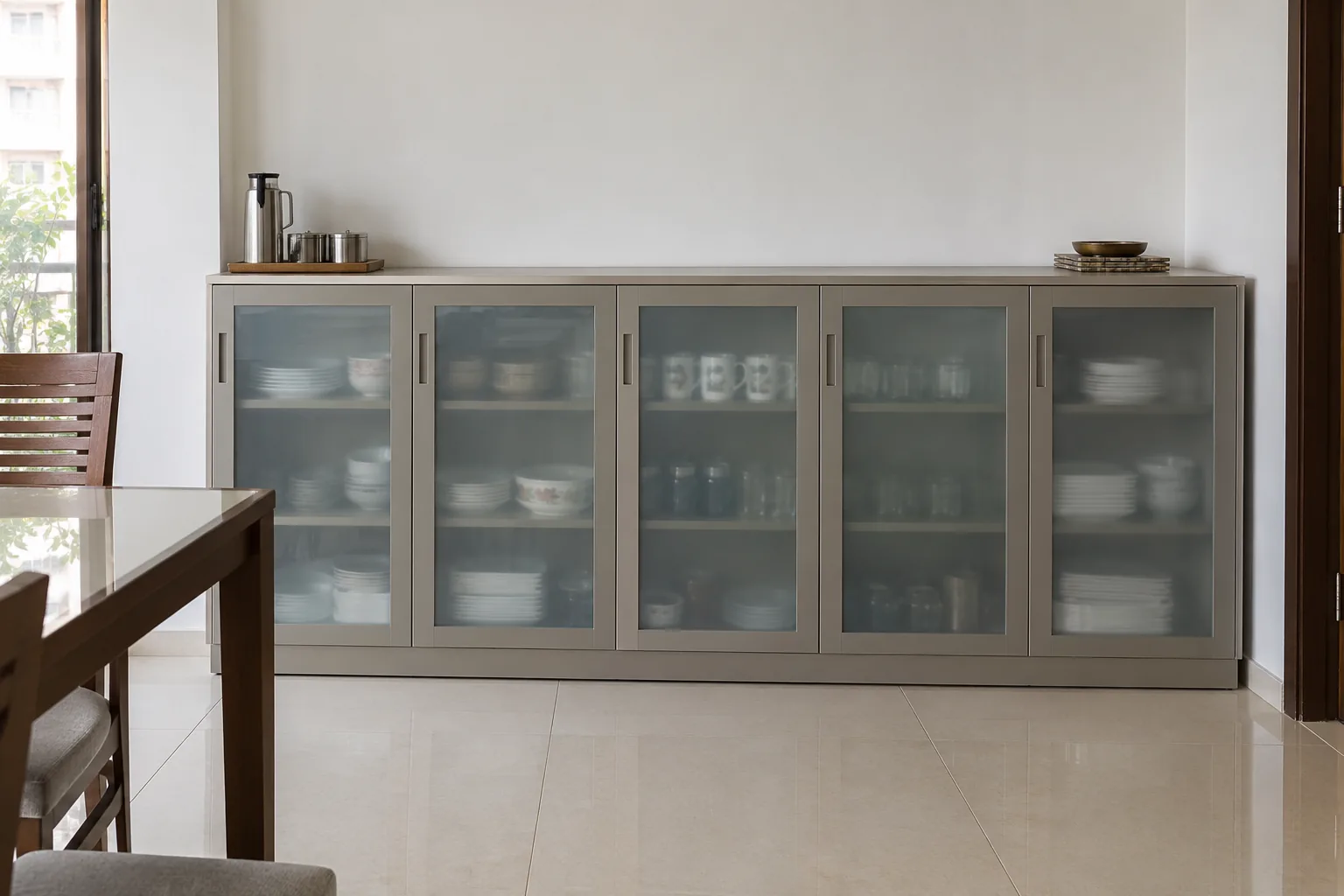 greige frosted crockery design with white frosted glass shutters