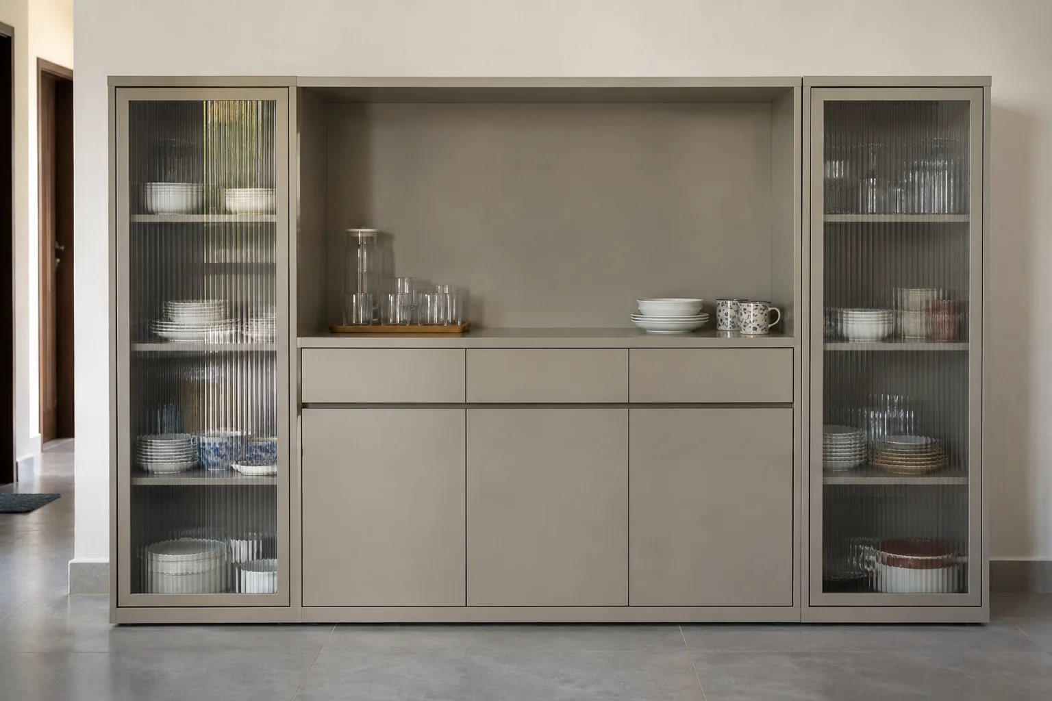 stone modern crockery design with fluted glass shutters