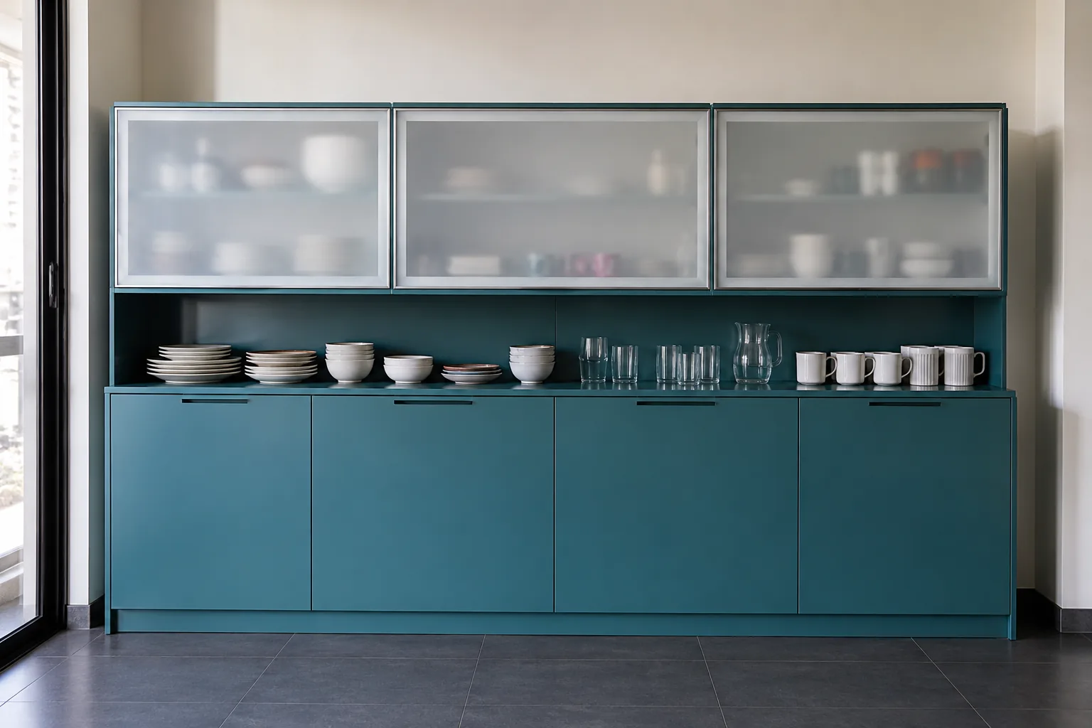 teal wall crockery design with white frosted glass shutters