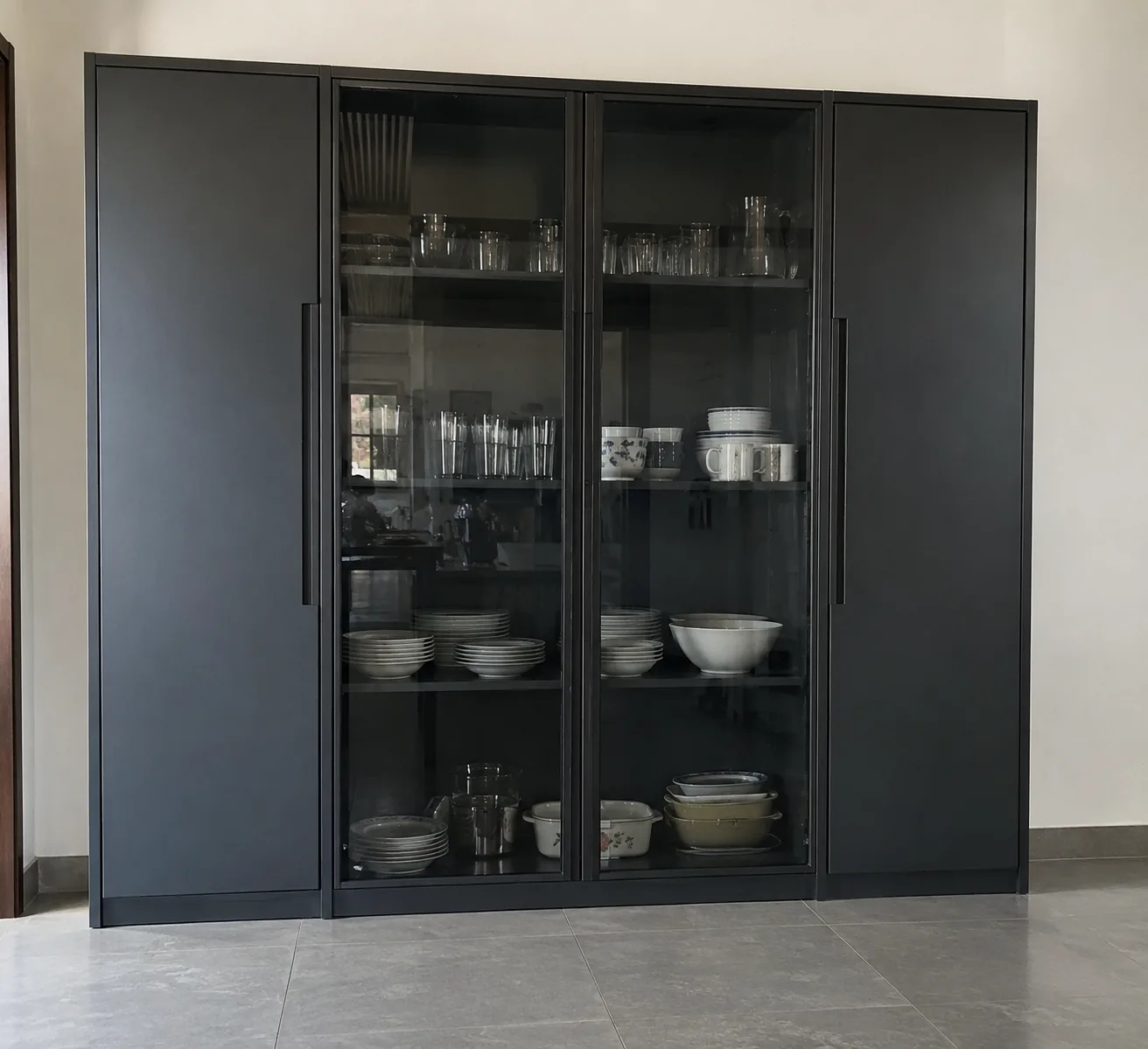 charcoal modern crockery design with black tinted glass shutters