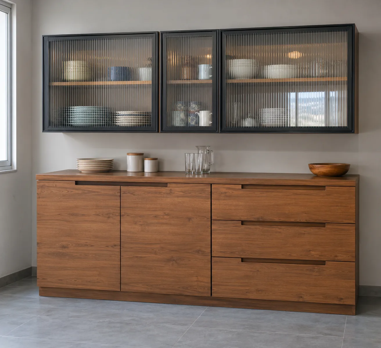 caramel display crockery design with fluted glass shutters