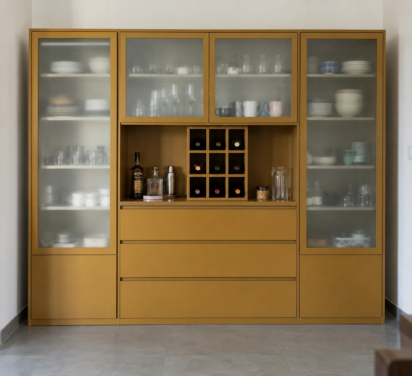 Aluminium Ochre White Glass Bar Cabinet design concept
