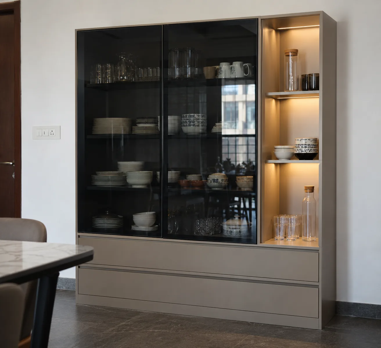 taupe gallery crockery design with black tinted glass shutters