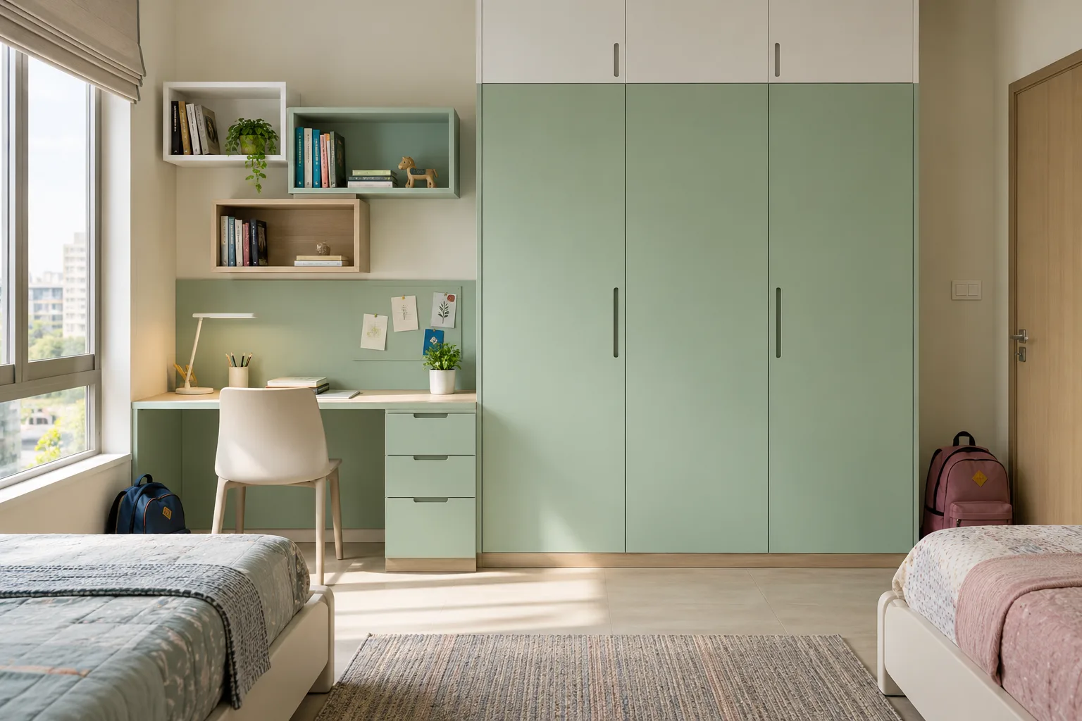 Aluminium Offset Study Stack Mint-Green Matte Laminate Children Wardrobe concept