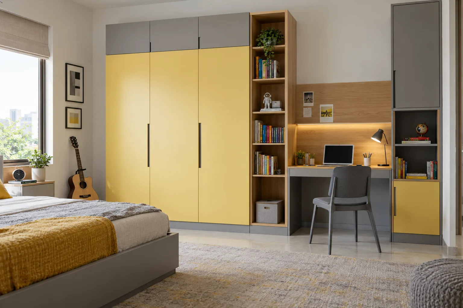 Aluminium Double Book Tower Study Butter-Yellow Satin Pu Children Wardrobe concept