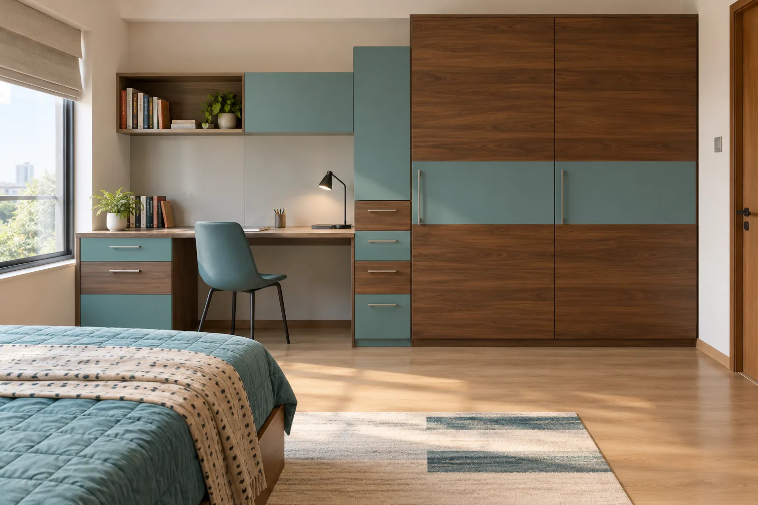 Aluminium Walnut Laminate Bands Pullout Supply Study Turquoise Matte Pu Children Wardrobe concept