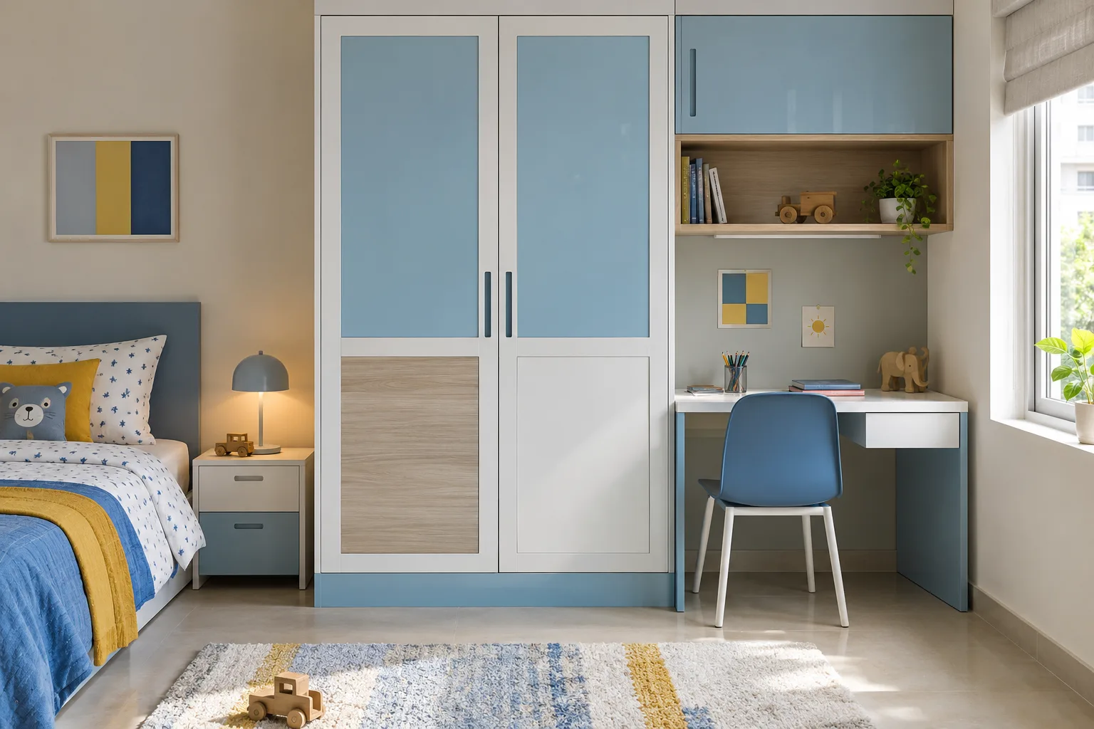 square classic grid compact homework corner powder-blue glossy acrylic children wardrobe with Aluminium cabinet direction