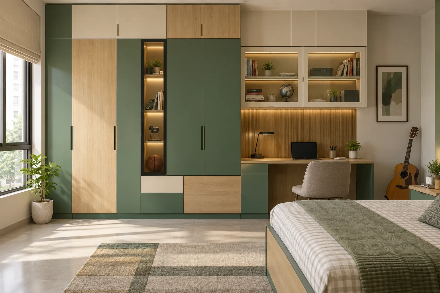 Aluminium Colour Laminate Rhythm Display Glass Study Forest Green Matte Pu Children Wardrobe concept